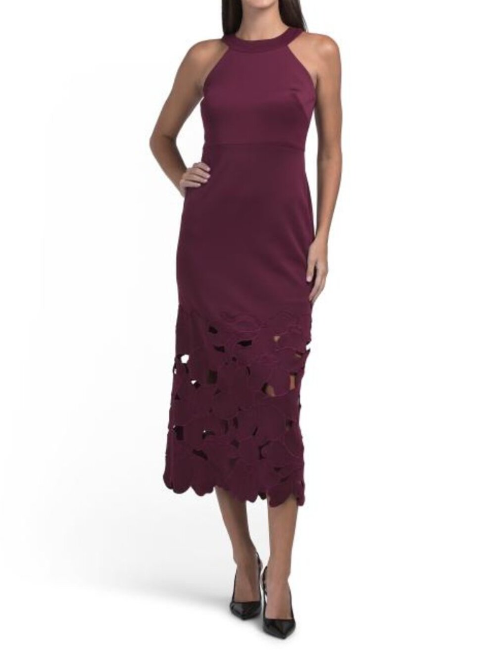 BETSY & ADAM Petite Long Lasercut Halter Dress